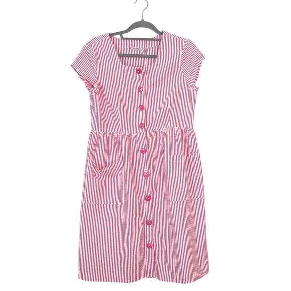 Vermont Country Store Seersucker Pink Dress DM 100% Cotton Shortsleeved Country - Picture 1 of 10